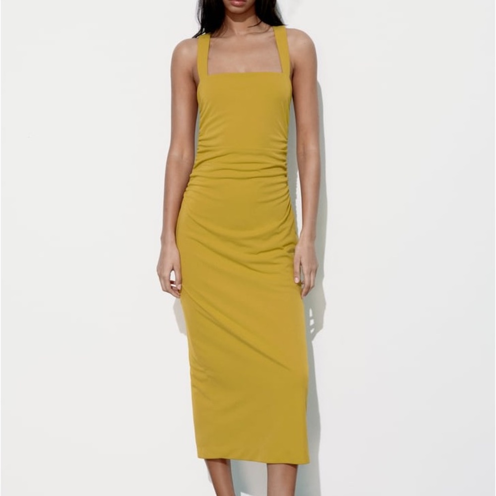 NWT Zara draped open back dress mustard yellow